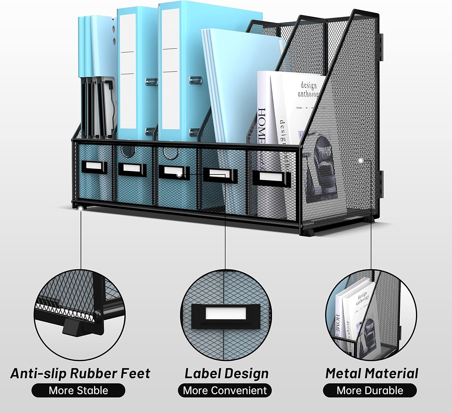 Desk Organizers Metal Desk Magazine File Holder with 16''x12''x12'' 5 Vertical Compartments Rack File Organizer for