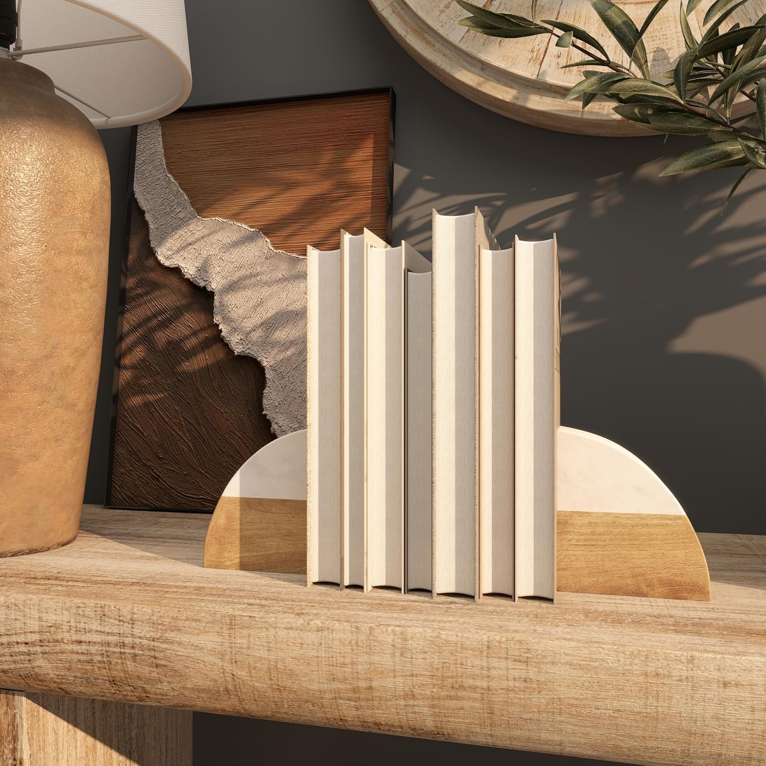 Mango Wood Geometric Decorative Bookends Arched 5 lbs Non Skid / 5"w, 5"H / White / Set of 2