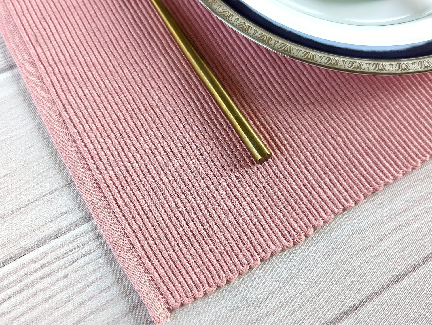 100% Cotton Ribbed Placemats - Set of 4-13 x 19 Inches - Dull Pink - Everyday Basic Cloth Table Mats - Thick