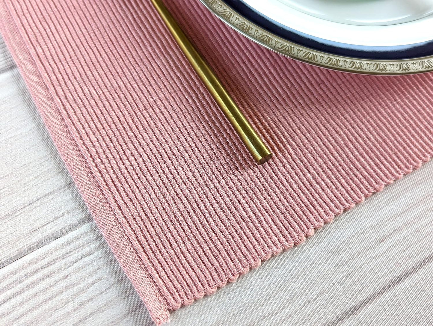 100% Cotton Ribbed Placemats - Set of 8-13 x 19 Inches - Dull Pink - Everyday Basic Cloth Table Mats - Thick