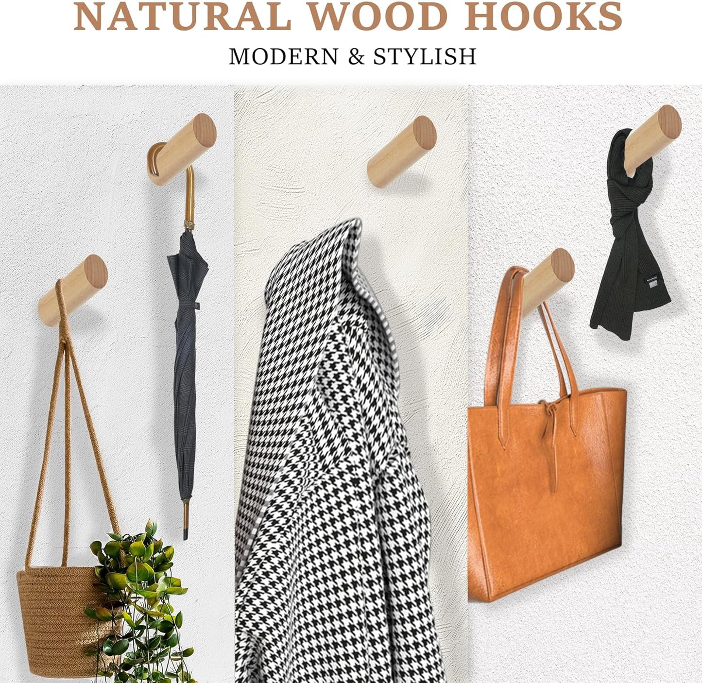 6 Wood Hooks / Beech Wood / Natural / Set of 6