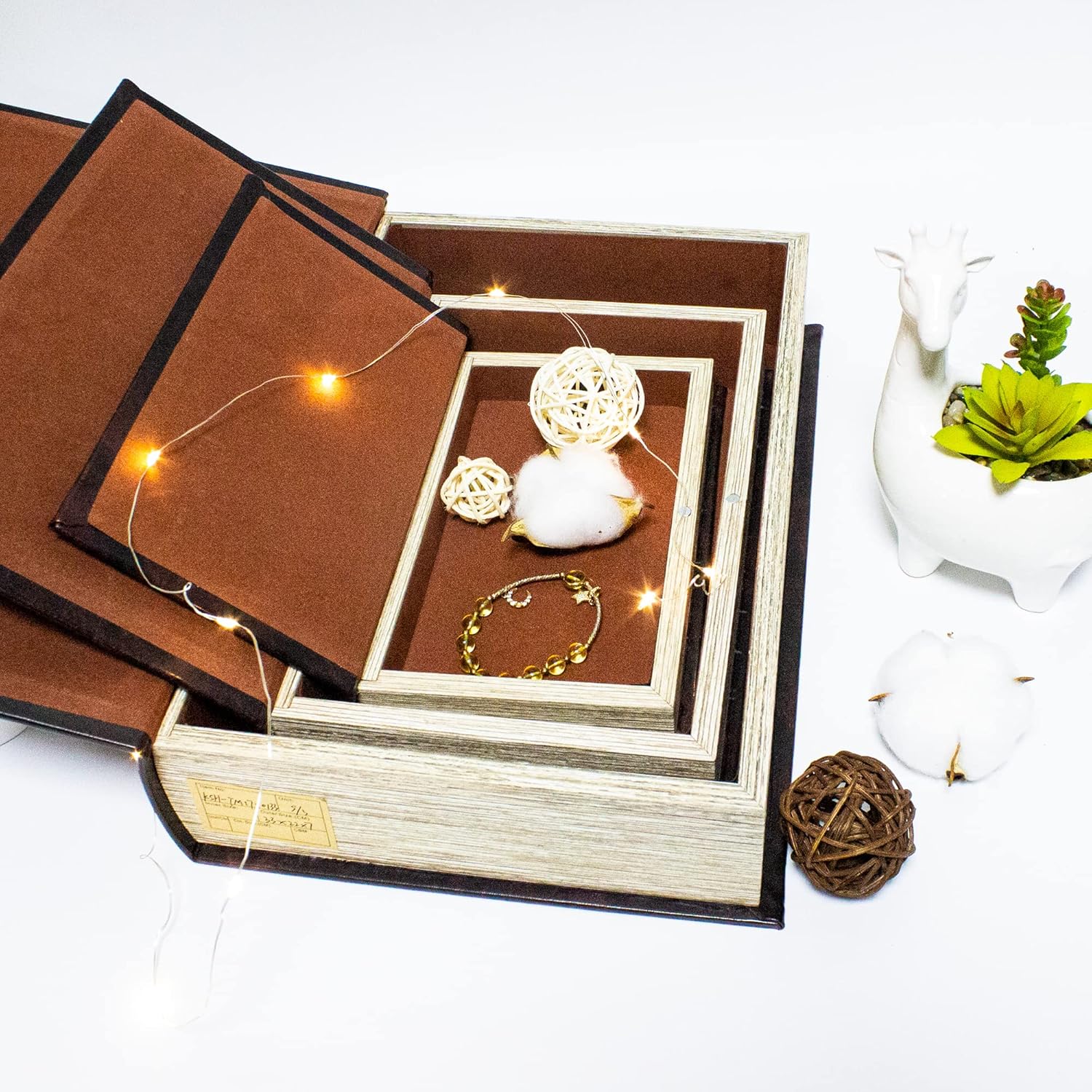 Vintage Style Book Shaped Storage Box / Leather Embossed Cover / Set of 3