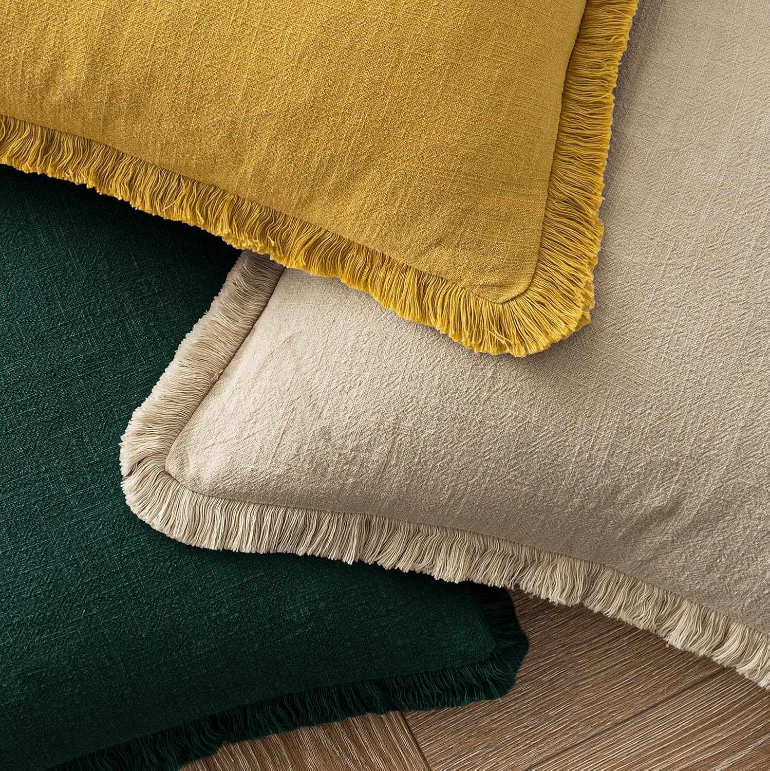 Decorative Throw Pillow Covers Neutral Linen Fringe Throw Pillows Boho / 18 x 18 / Beige / Set of 2