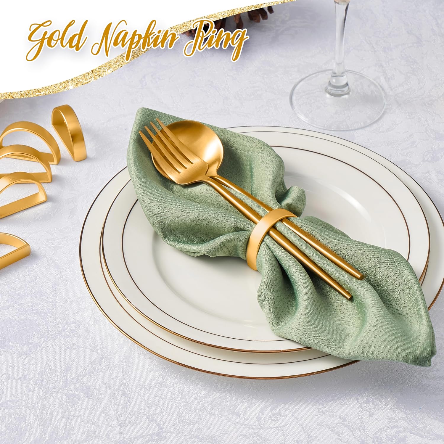 APTWOW 50PCS Gold Napkin Rings, Fall Thanksgiving Christmas Table Decor | Semicircle, Metal, Gold Napkin Holder