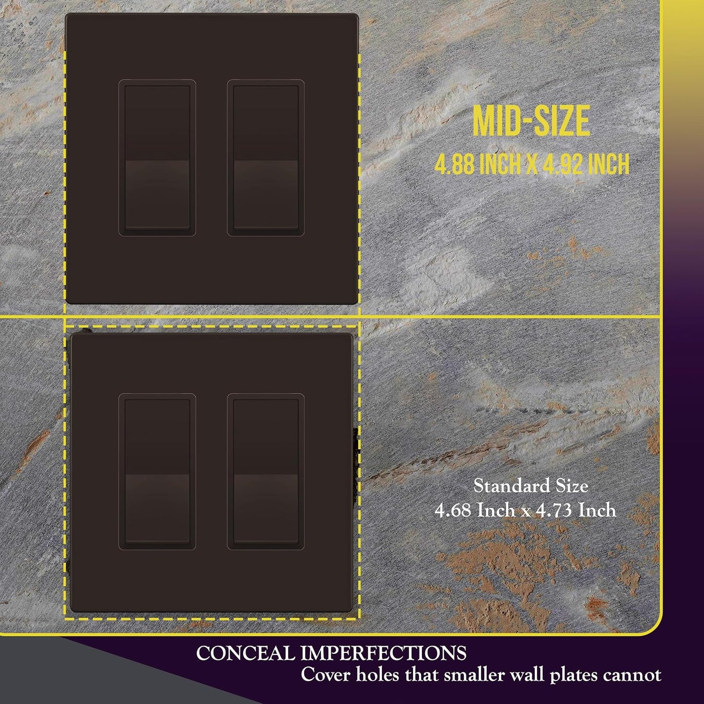 ENERLITES 2-Gang Brown Mid-Size Screwless Decorator Wall Plate, 10 Pack | Size 4.88" x 4.92", Plate cover Fits light