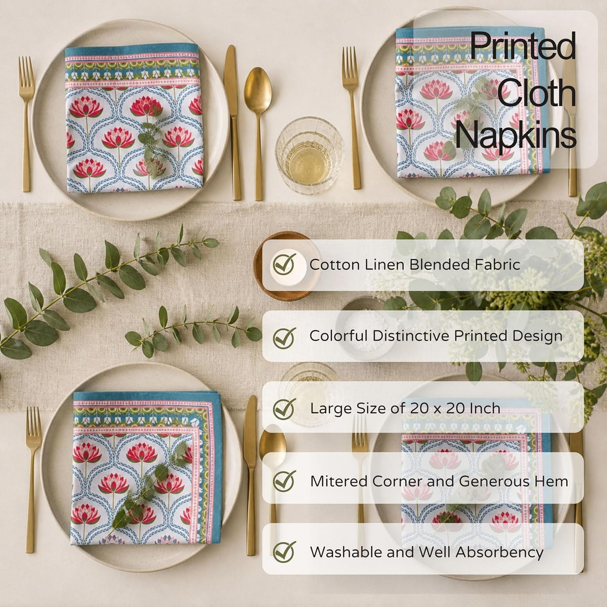 FINGERCRAFT Cloth Napkins Set of 12, 100% Cotton, 20x20 Inch, Lotus Bloom | Mitered corner, washable, soft, absorbent