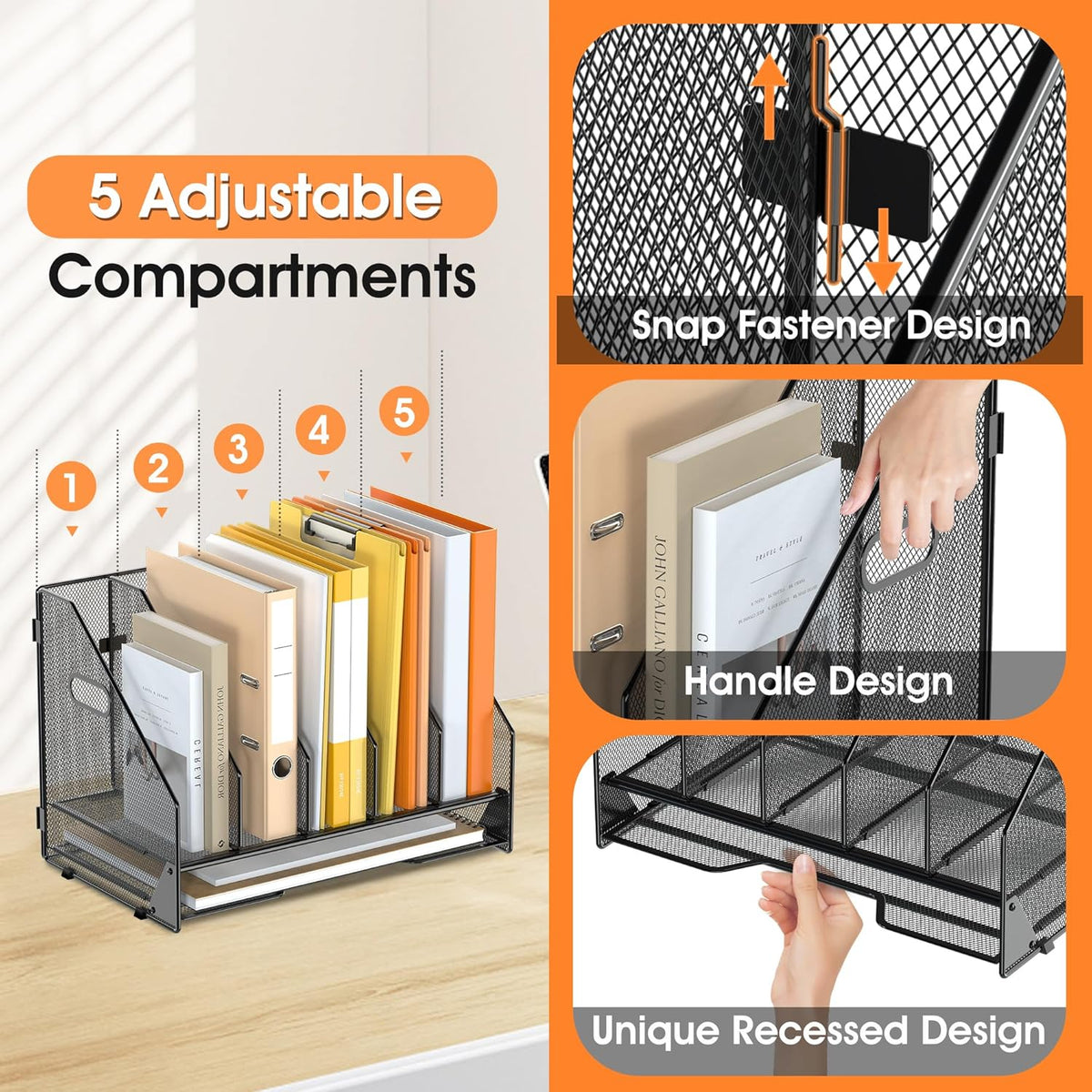 5 Vertical Mesh Desk Organizer with Paper Letter Tray, Black | Sorting racks with lower letter tray section.