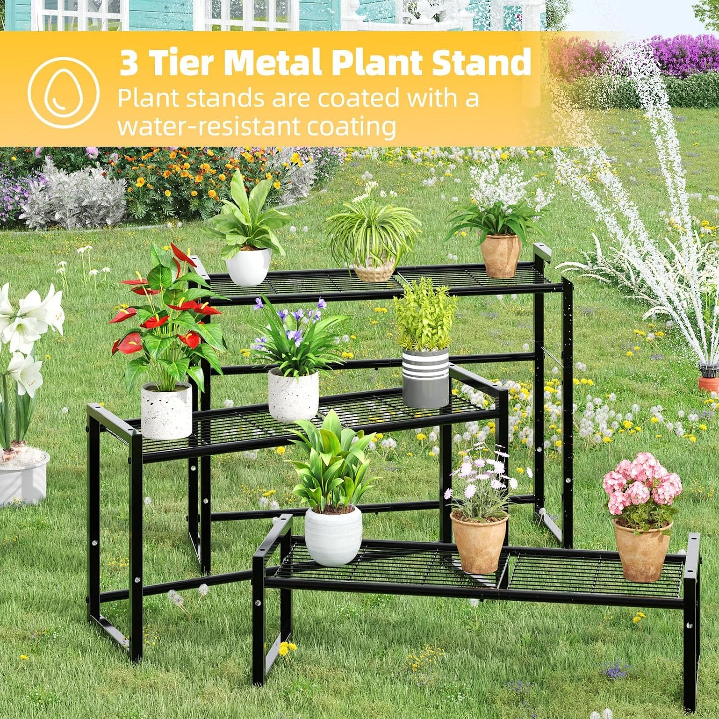 Simple Trending 3 Tier Metal Plant Stand Outdoor Indoor Waterproof, Stackable Heavy Duty Tall Plant Shelf Flower Pot