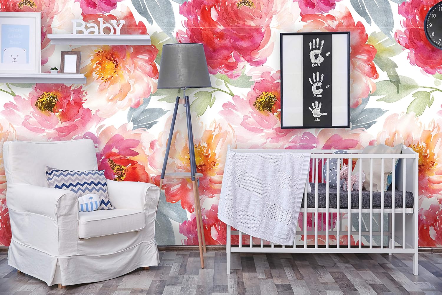 Self Adhesive Watercolor Flowers Wallpaper / 24"W x 72"H Inches