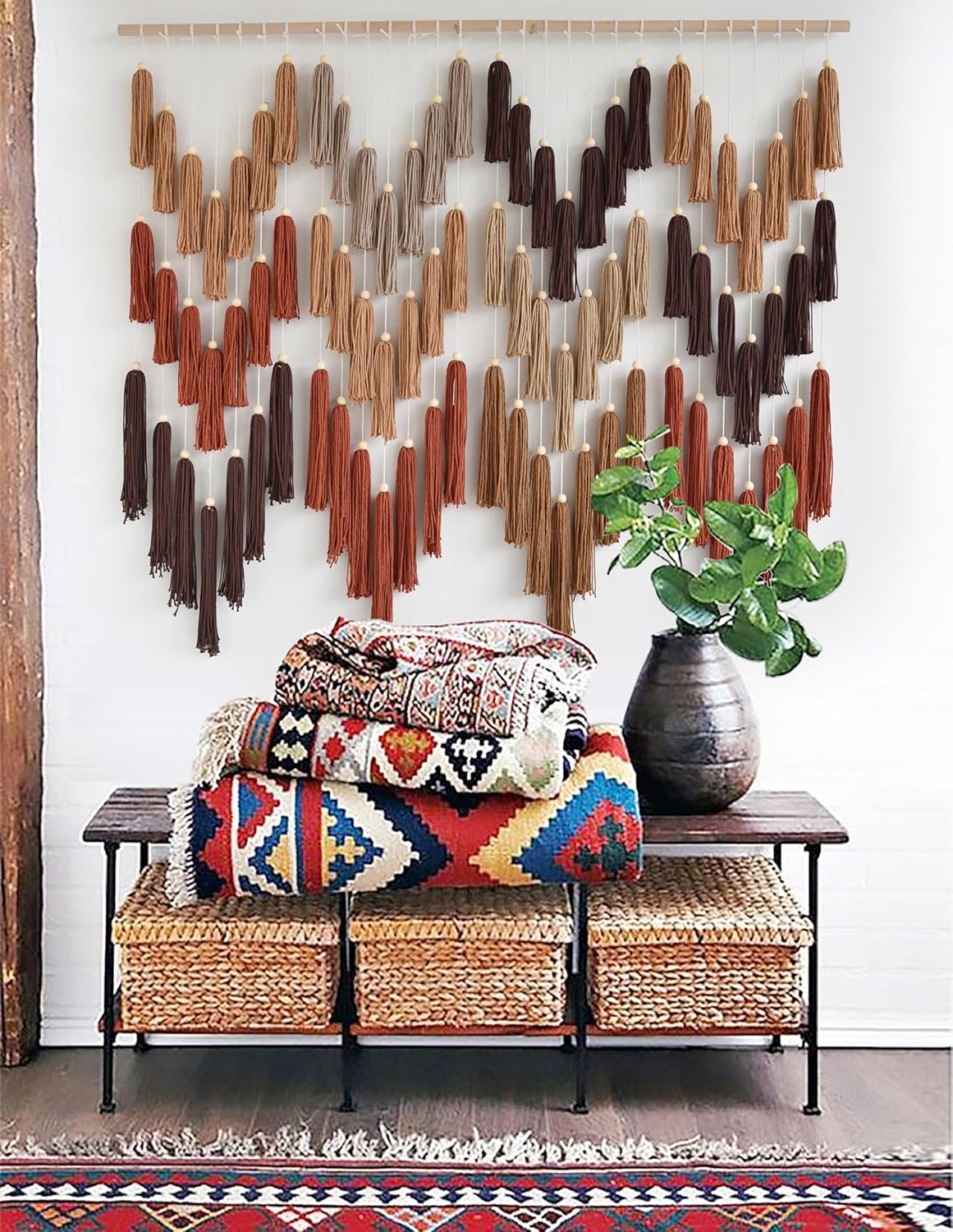 Macrame Wall Hanging Yarn Boho Wall Decor Wave Tassel Home Wall Aesthetic Living Rooms / Multi