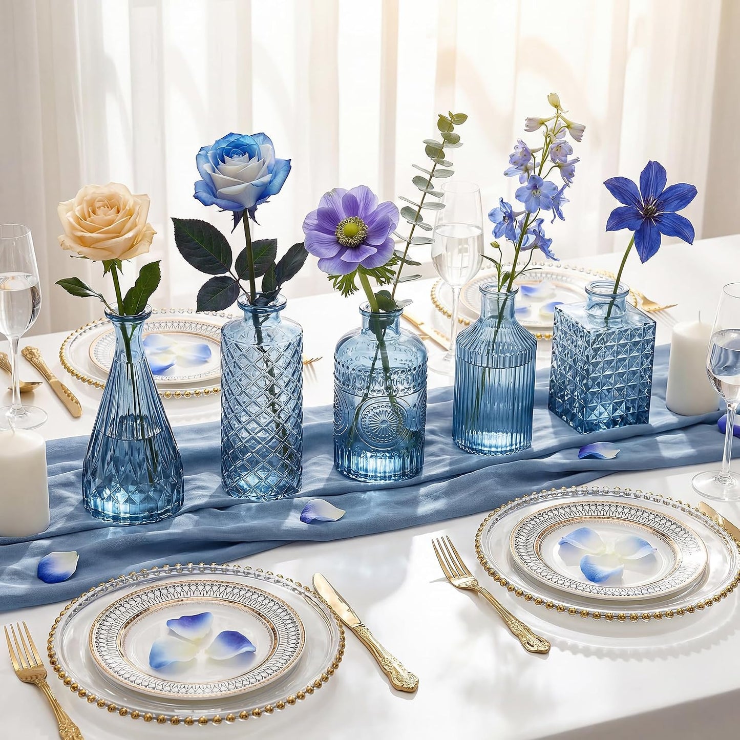 Armber Small Vintage Glass Clear Bud Flower Vases Bulk Multiple Shape Mini Glass / Blue / Set of 12