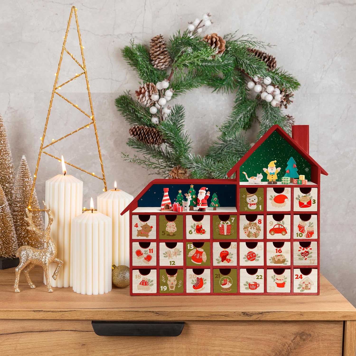 Sunlit Christmas Wooden Advent Calendar with Drawers, Unfinished Wooden, Chalet Shaped Countdown Calendar Ready to