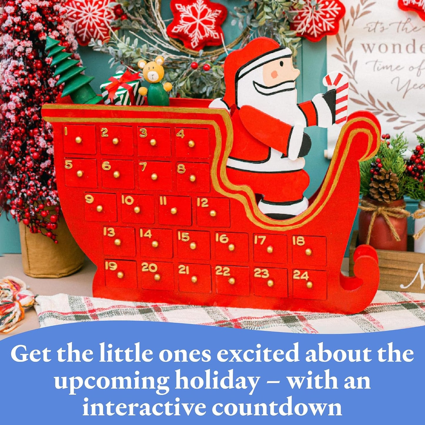 Sleigh Wooden Advent Calendar 12 x 20 Inch, Pack of 1 Christmas Advent Calendar With 24 Empty Drawers for Crafts, by