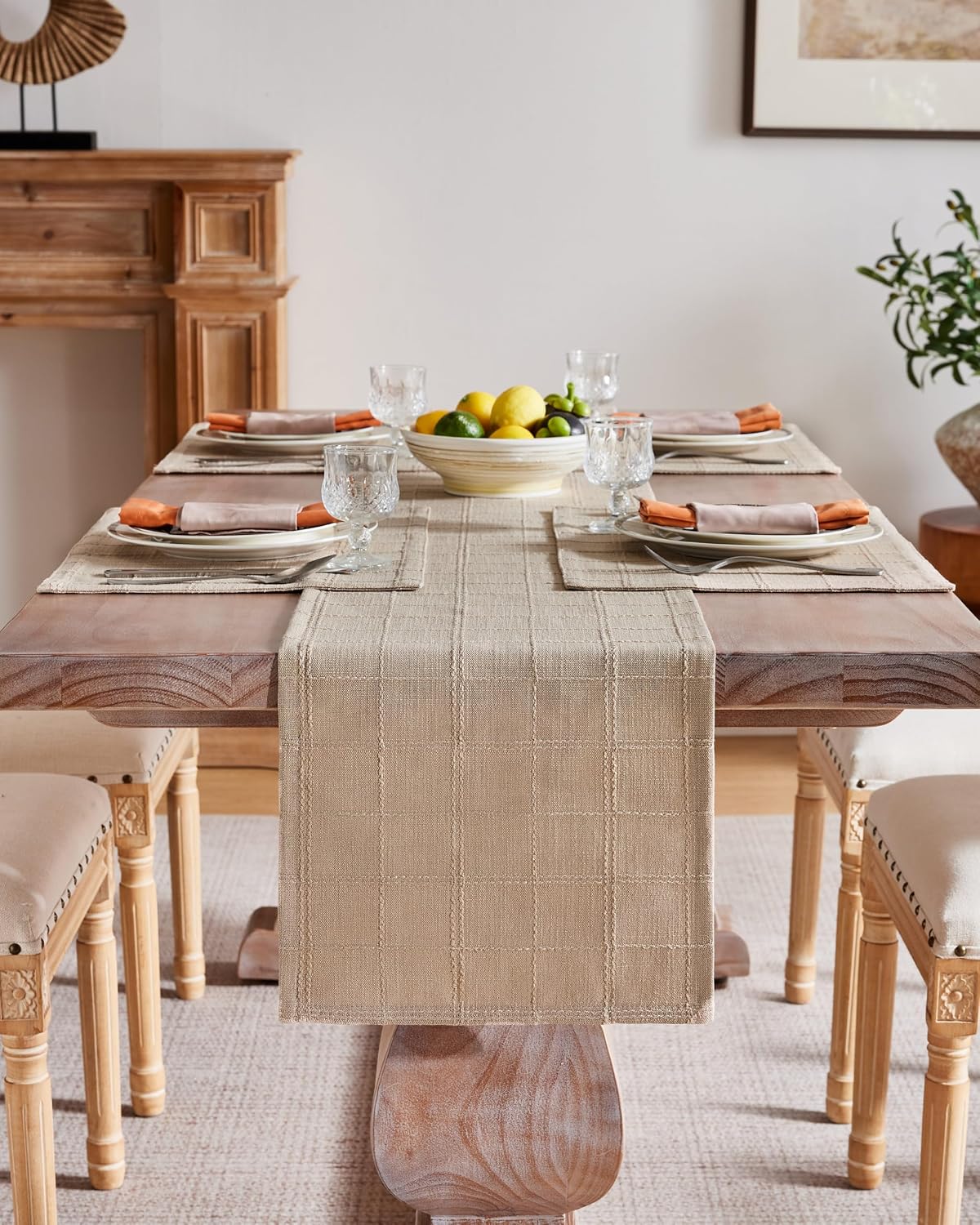 Linen Checked Farmhouse Placemats Set of 6, Taupe 13x19in | Double Layer, Reversible, Thick Textured Table Mats, Raised