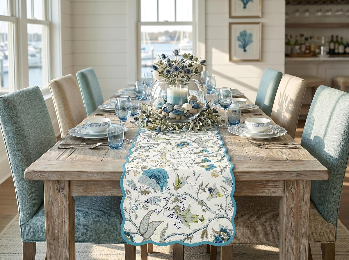 Coastal Blues Luxury Handcrafted Runner (Reversible) Cotton Quilted Fabric Machine Washable – Elegant Home Decor – 14 x