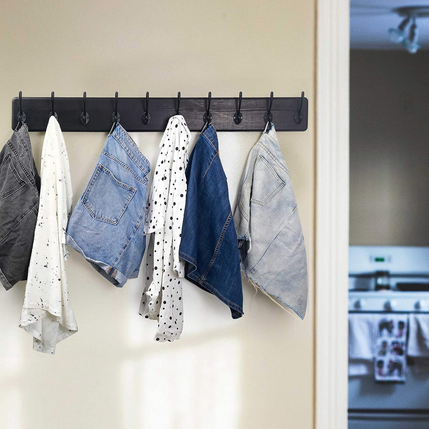 WEBI Coat Rack Wall Mount,10 Hooks,38 9/16" Long Coat Hooks Wall Mounted,16" Hole to Hole,Large Wood Coat Hanger