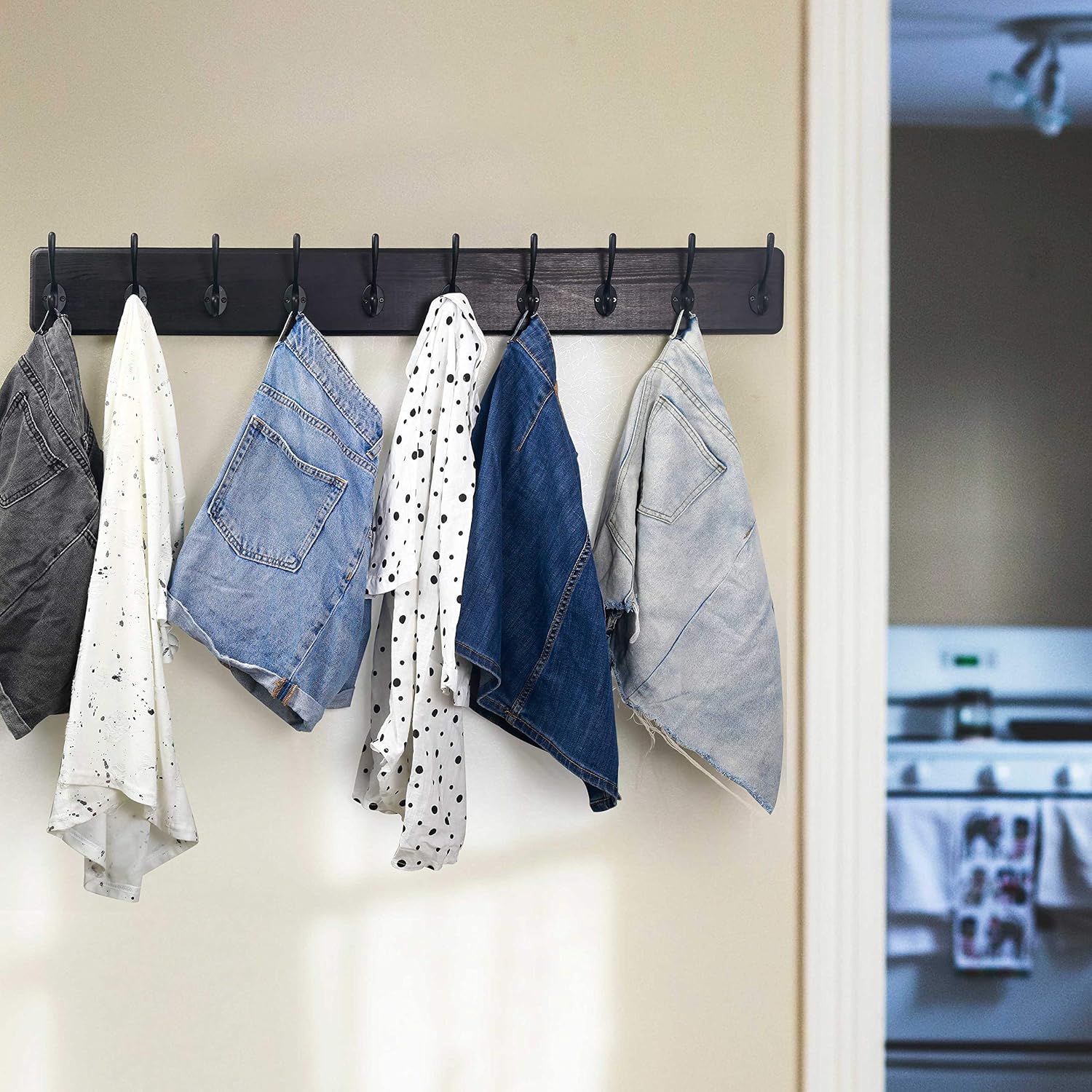 WEBI Coat Rack Wall Mount,10 Hooks,38 9/16" Long Coat Hooks Wall Mounted,16" Hole to Hole,Large Wood Coat Hanger