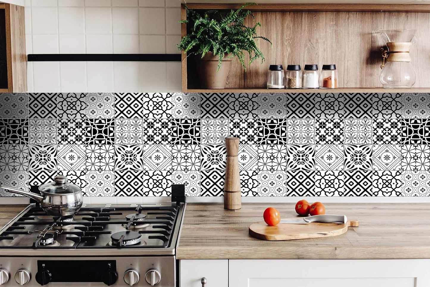 White Tile Stickers Peel and Stick Tile Stickers 24 PC Set backsplash Tile Decals / 4 x 4 / Black