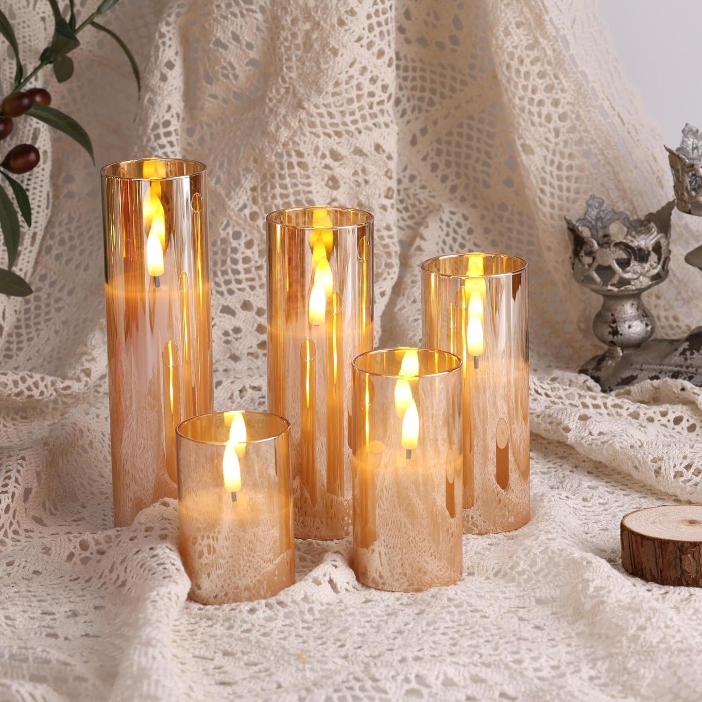 Amber Gold Glass Flameless Pillar Candles with Remote Set of 5 | Flickering Fall LED Candles, Batteries Included