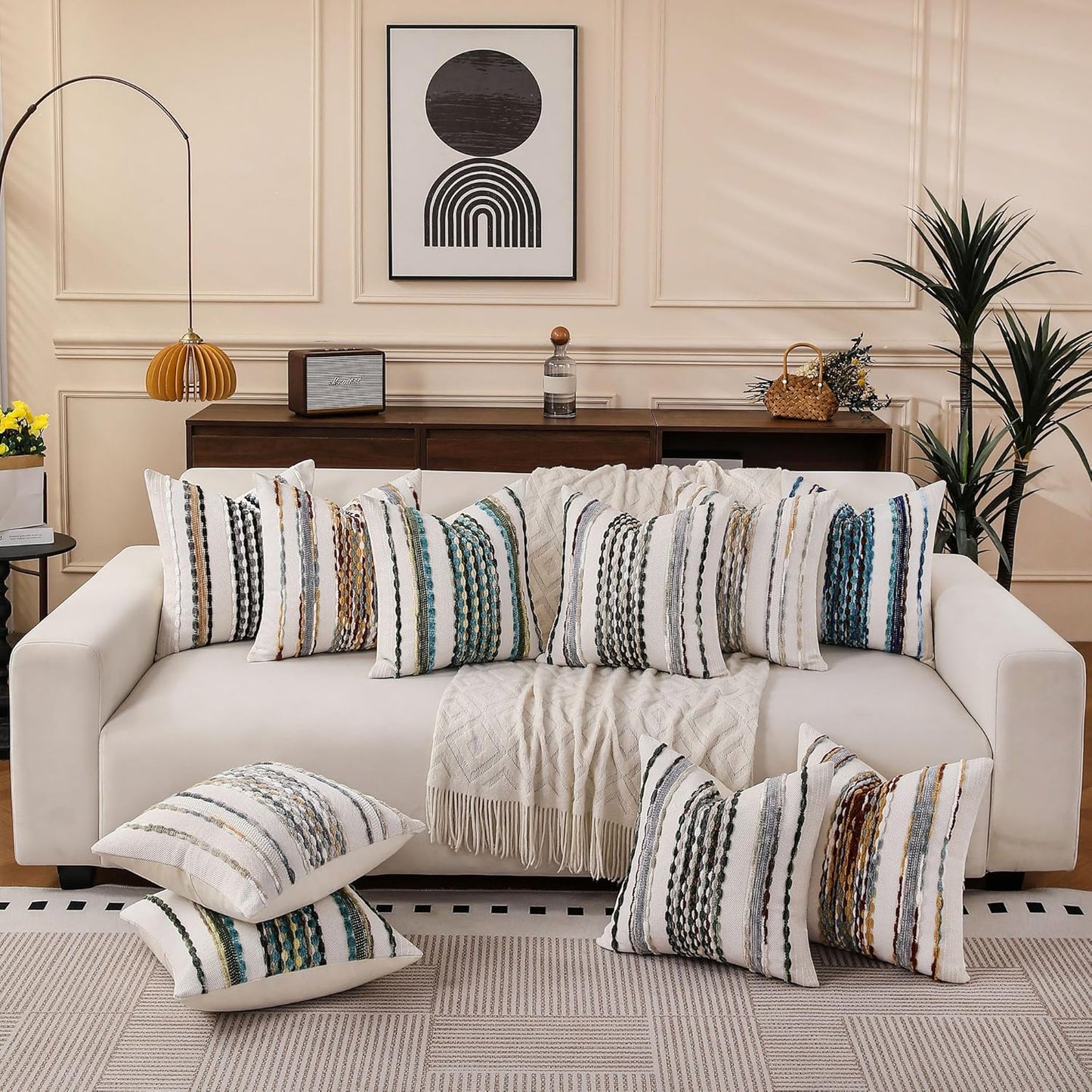 Boho Striped Throw Pillow Covers Farmhouse Decorative Pillow / Brown White / 18 x 18 / Set of 2