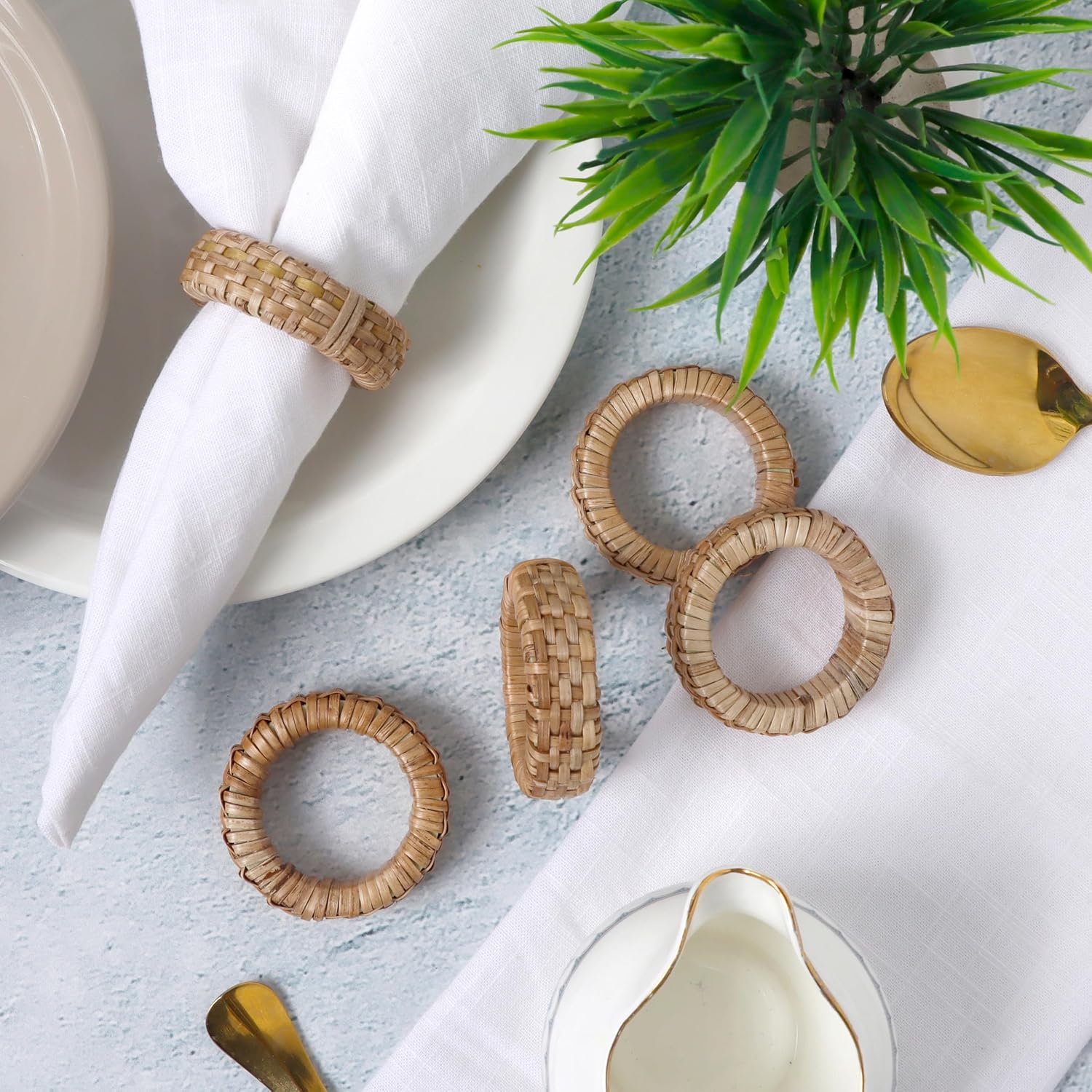 Jute Rattan Napkin Rings, Set of 12, Farmhouse Natural | 2.25x2.25x0.5 in each, plastic & natural cane blend