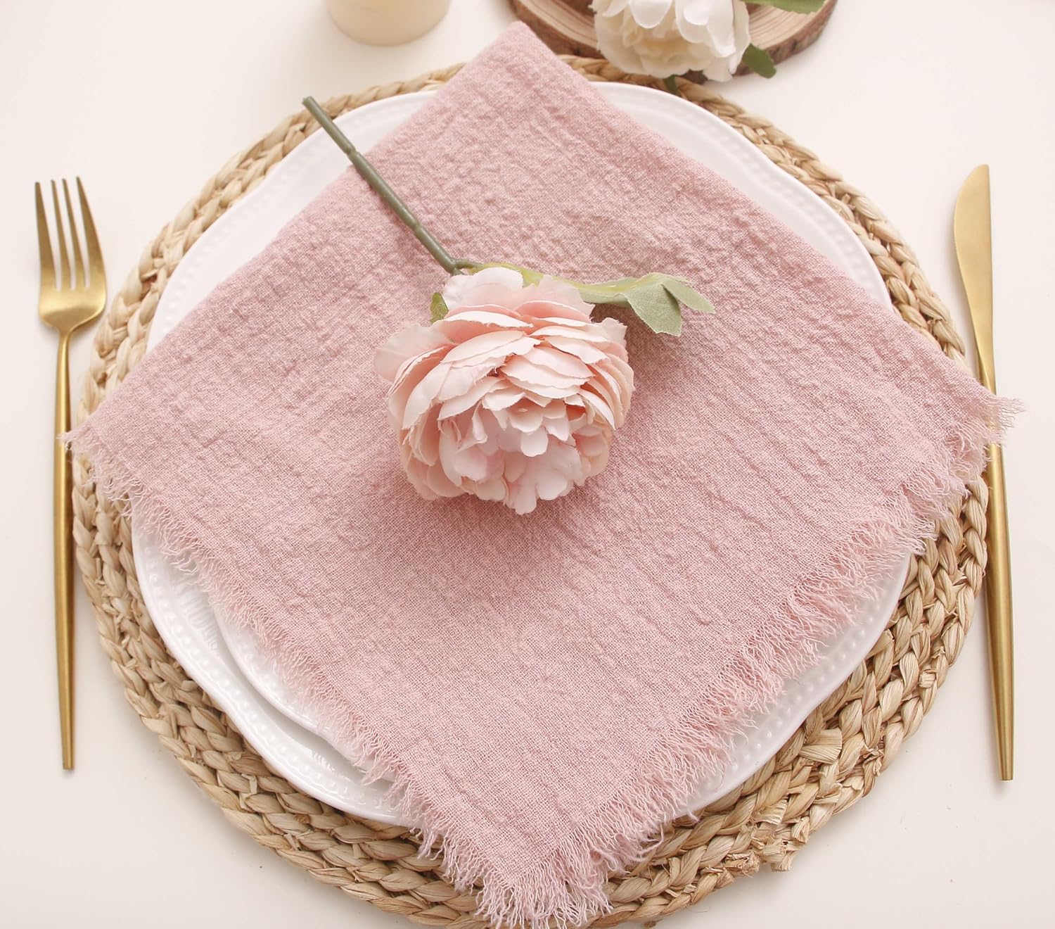 Cloth Napkins with Fringe Set of 12, Soft Cotton, 16 x 16 Inch, Dusty Pink | Boho Rustic Dinner Napkins, Reusable