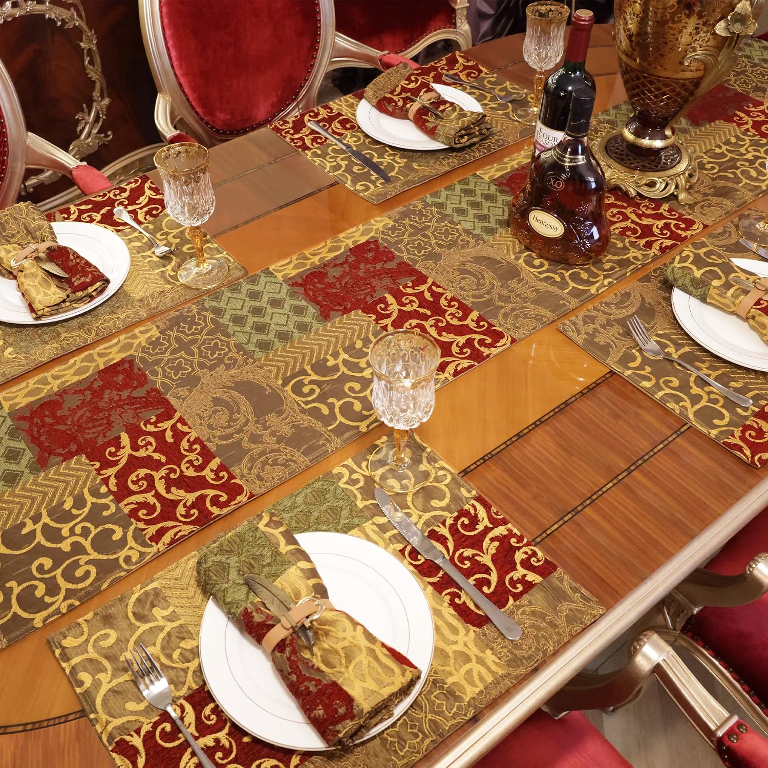Loom and Mill Luxury Jacquard Table Runner 13x108 inch, Rectangle-Red Gold | Patchwork Design Chenille Dining Table