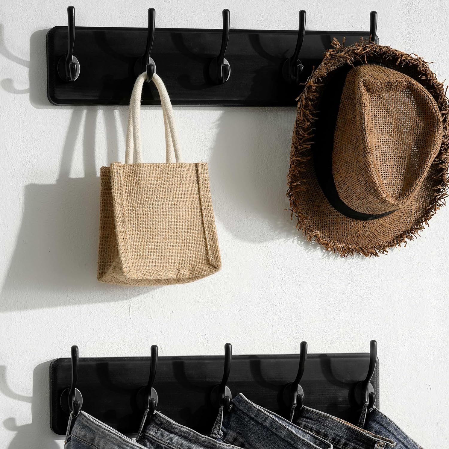 SKOLOO Rustic Wall Mounted Coat Rack, Case of 2, Pine Solid Wood Coat Hook Hanger - 5 Hooks for Hanging Clothes Robes