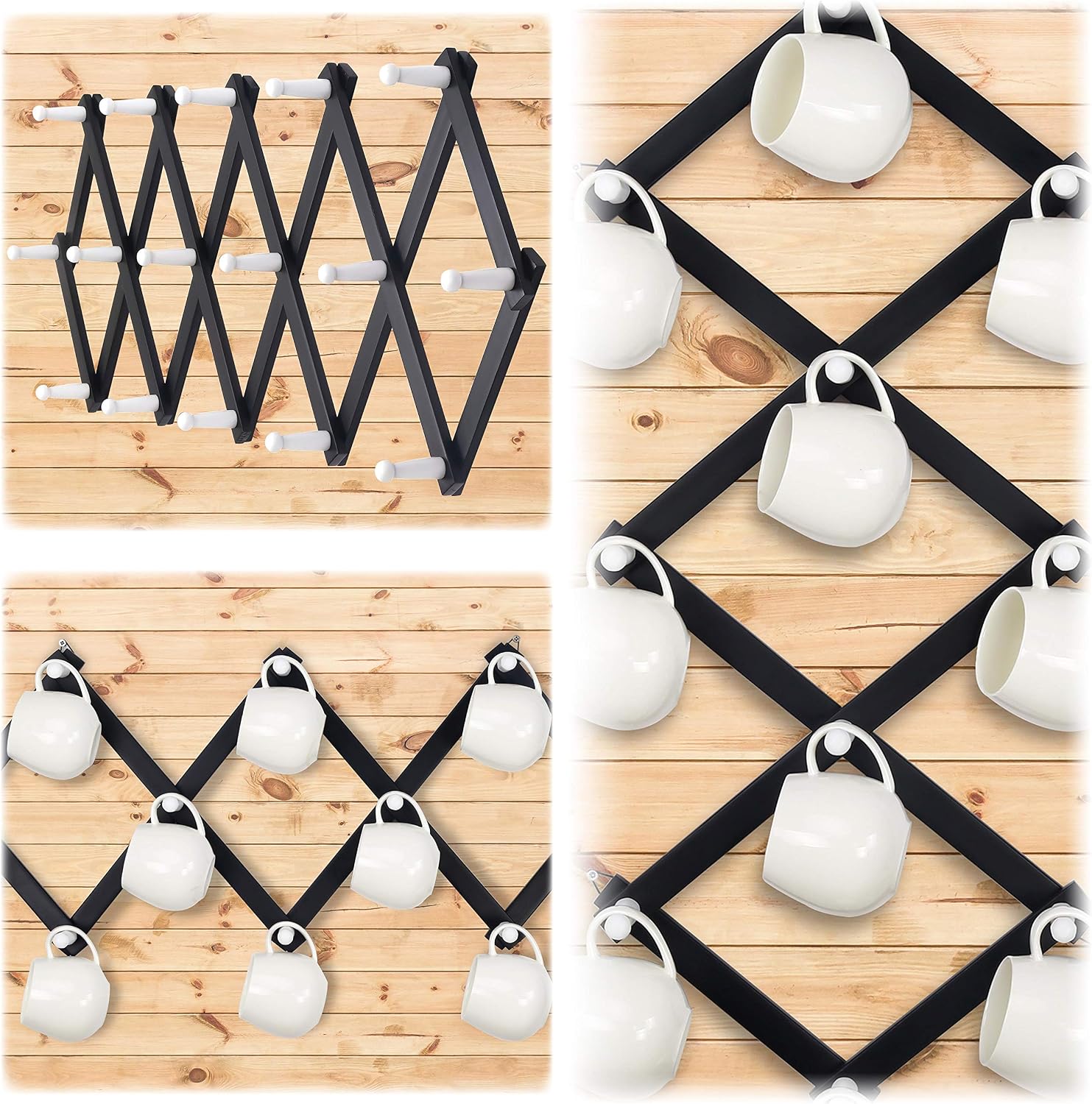 Accordian Wall Hanger: Wooden Coat Rack Wall Mounted, Hat Racks for Baseball Caps, Mug Rack, 16 Peg Hooks, Black & White