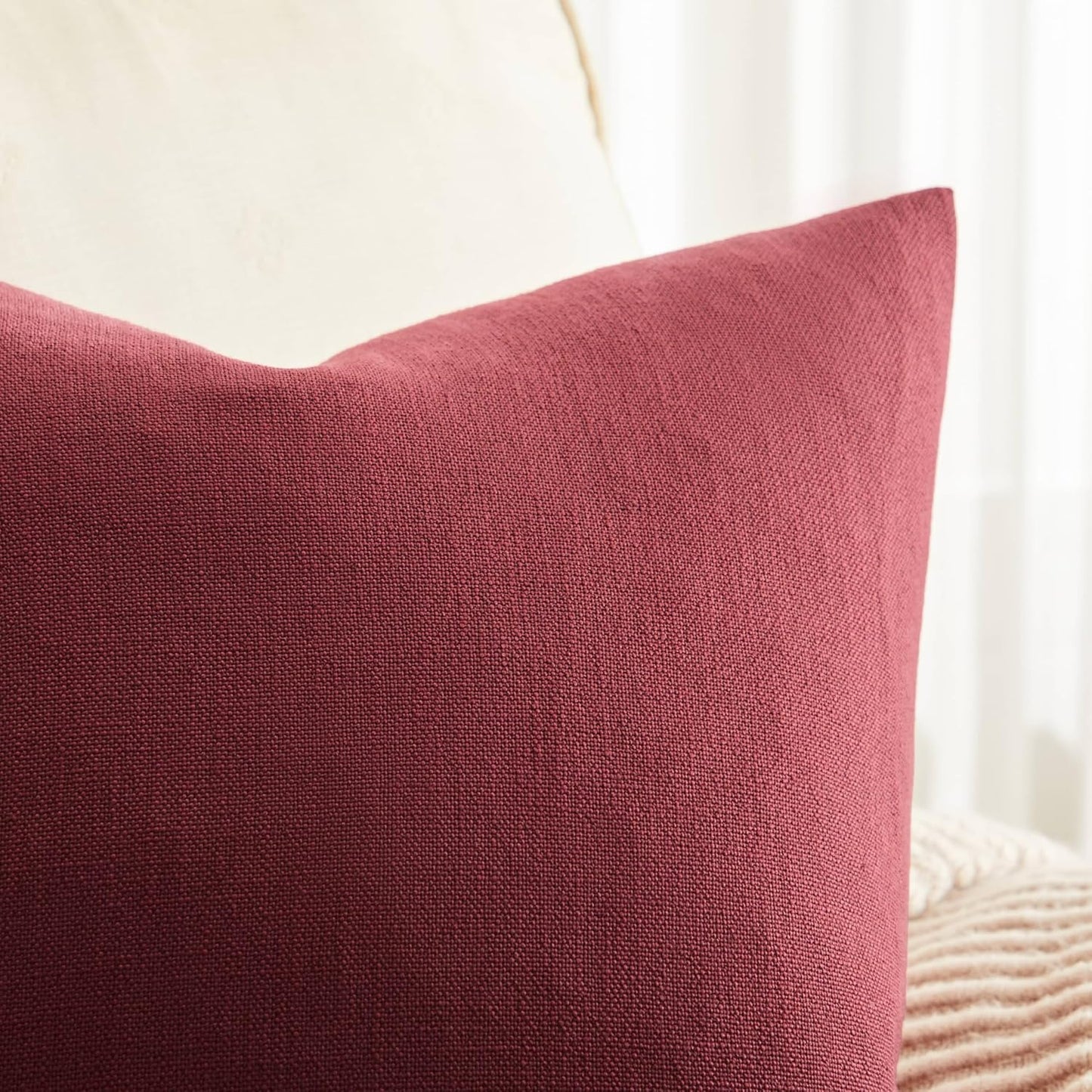 Rustic Cotton Linen Throw Pillow Covers / Burgundy / 18 x 18 / Set of 2