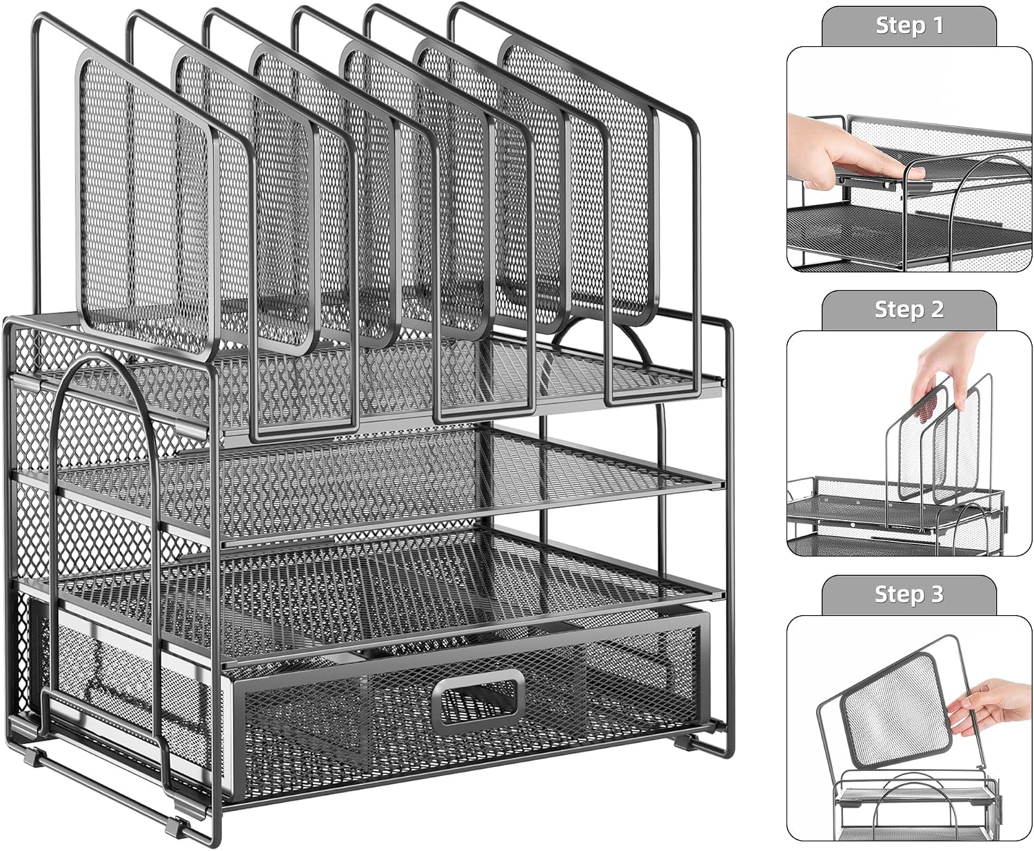Marbrasse Desk Organizers, 4-Tier Mesh Desk File Organizer with 5 Vertical File Holders and 2 Pen Holders