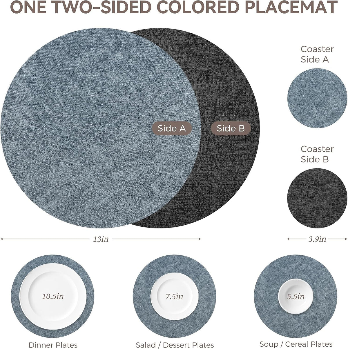 NCUE 13" Faux Leather Round Placemats Set of 6, Reversible Dual-Color | With 3.9" Coasters, 2 mm Vinyl Table Mats