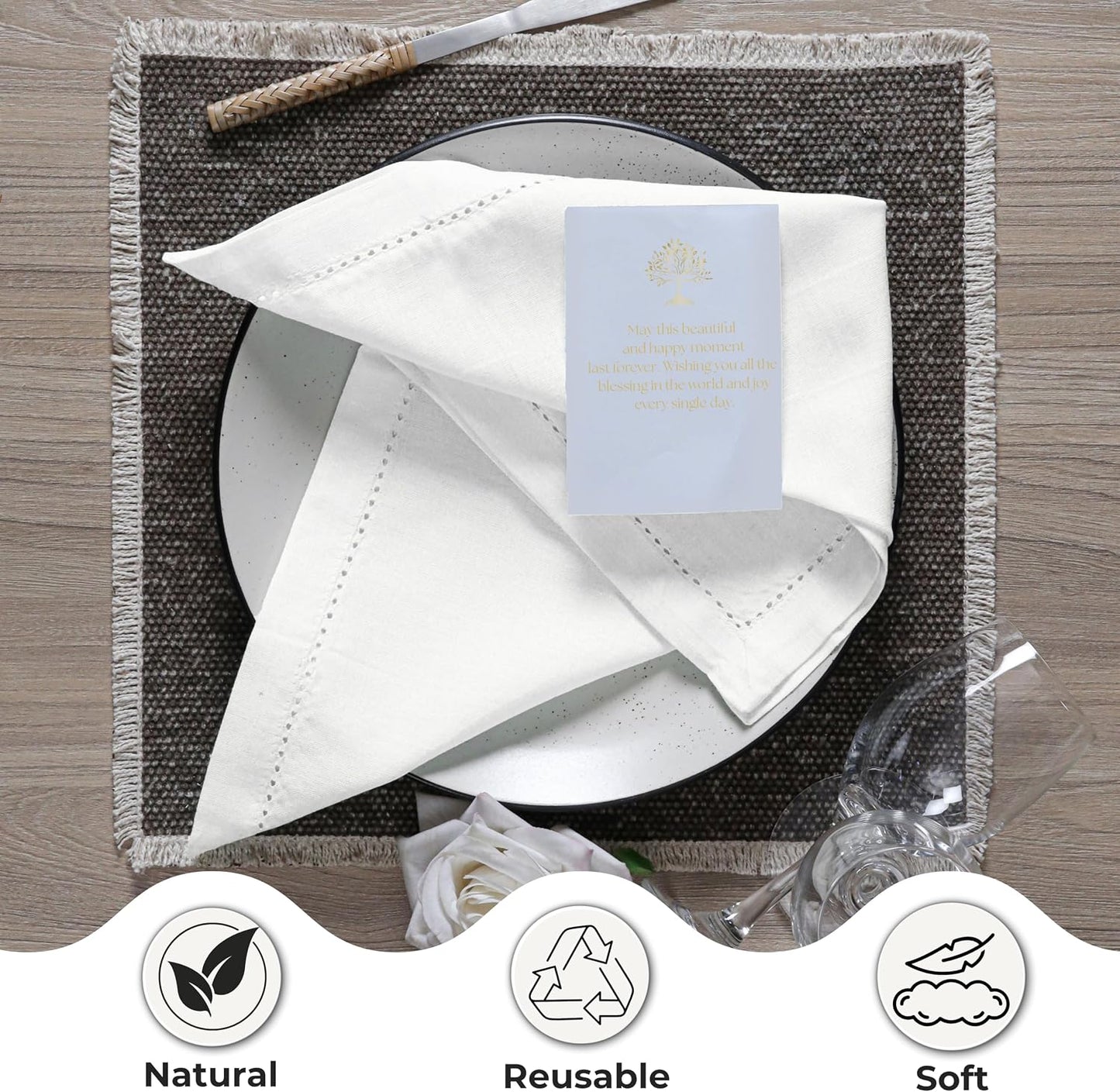 Ramanta Home White Linen Cloth Dinner Napkin Set of 12, 18x18 Inch | Reusable Dinner Cotton Washable Hemstitched Linen
