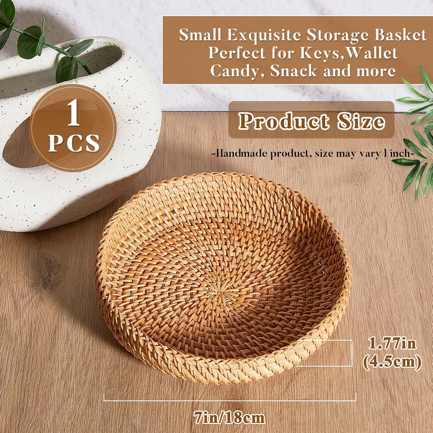 Small Basket for Entryway Table Woven Wicker Key Bowl Basket Rattan Tray Organizing / Brown / Round