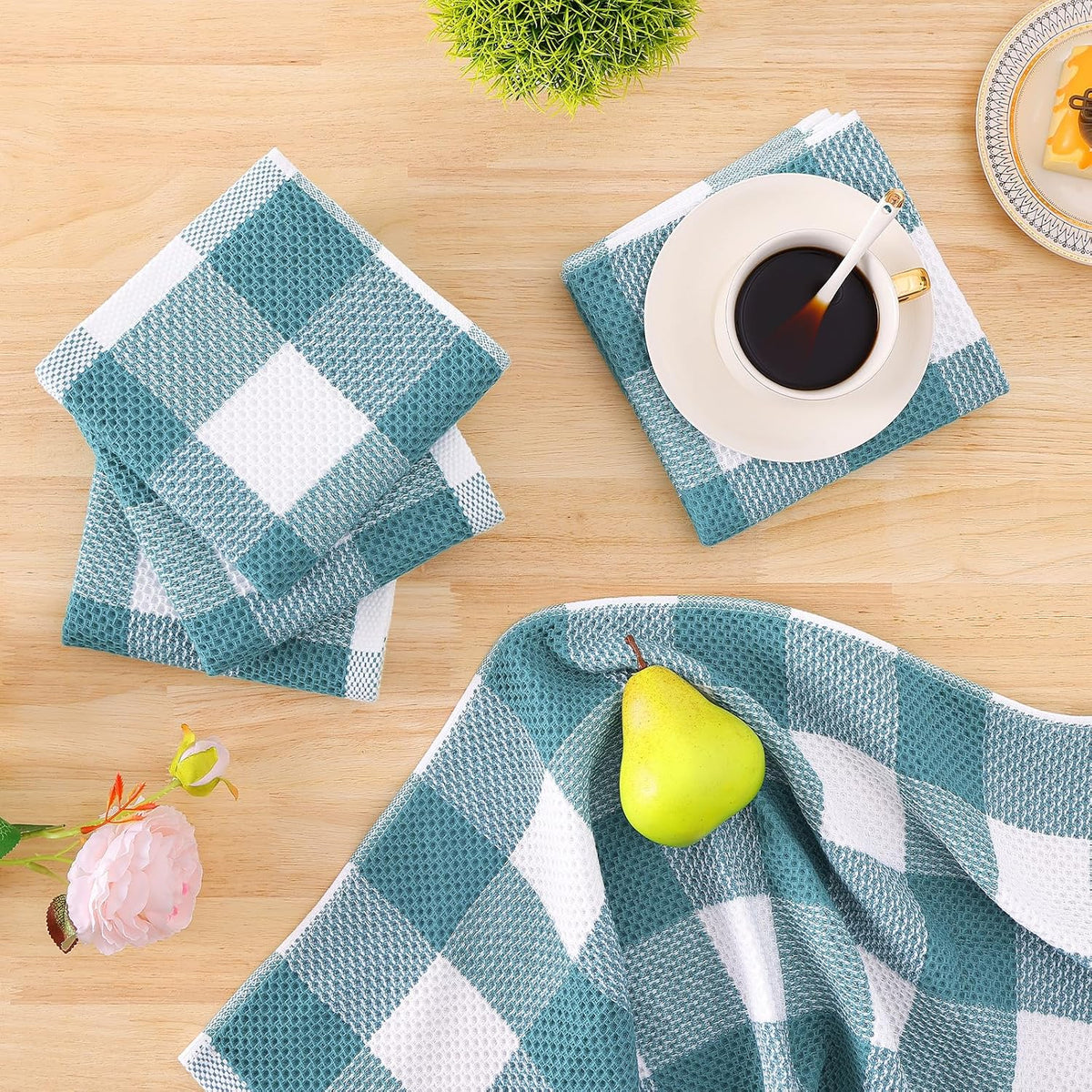 Homaxy Kitchen Towels and Dishcloths Set, Set of 10, White & Lake Blue | Bulk Cotton Waffle Weave Check Plaid Kitchen