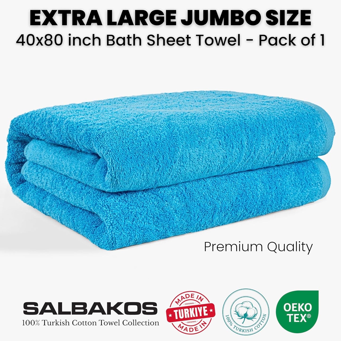 SALBAKOS Luxury 100% Turkish Cotton Bath Sheet 40x80 (1-Piece, Aqua Blue) | Extra Large Jumbo Oversized Bathroom and