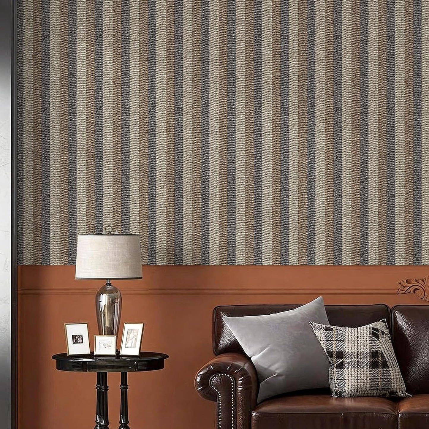 Textured Fabric Wallpaper Peel and Stick Large Size " Black/ /Grey Stripes / 26 x 400 / Brown