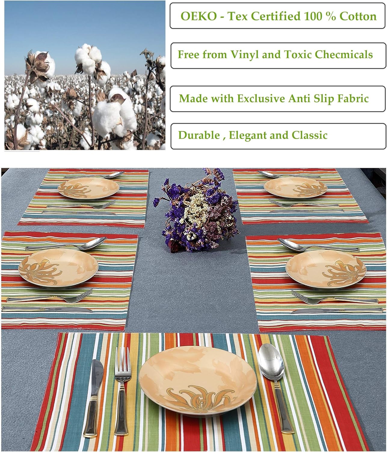 Ruvanti Placemats Set of 6, 100% Cotton Place Mats of 13"x19", Multi Stripe | Heat, Stain resistant, Washable