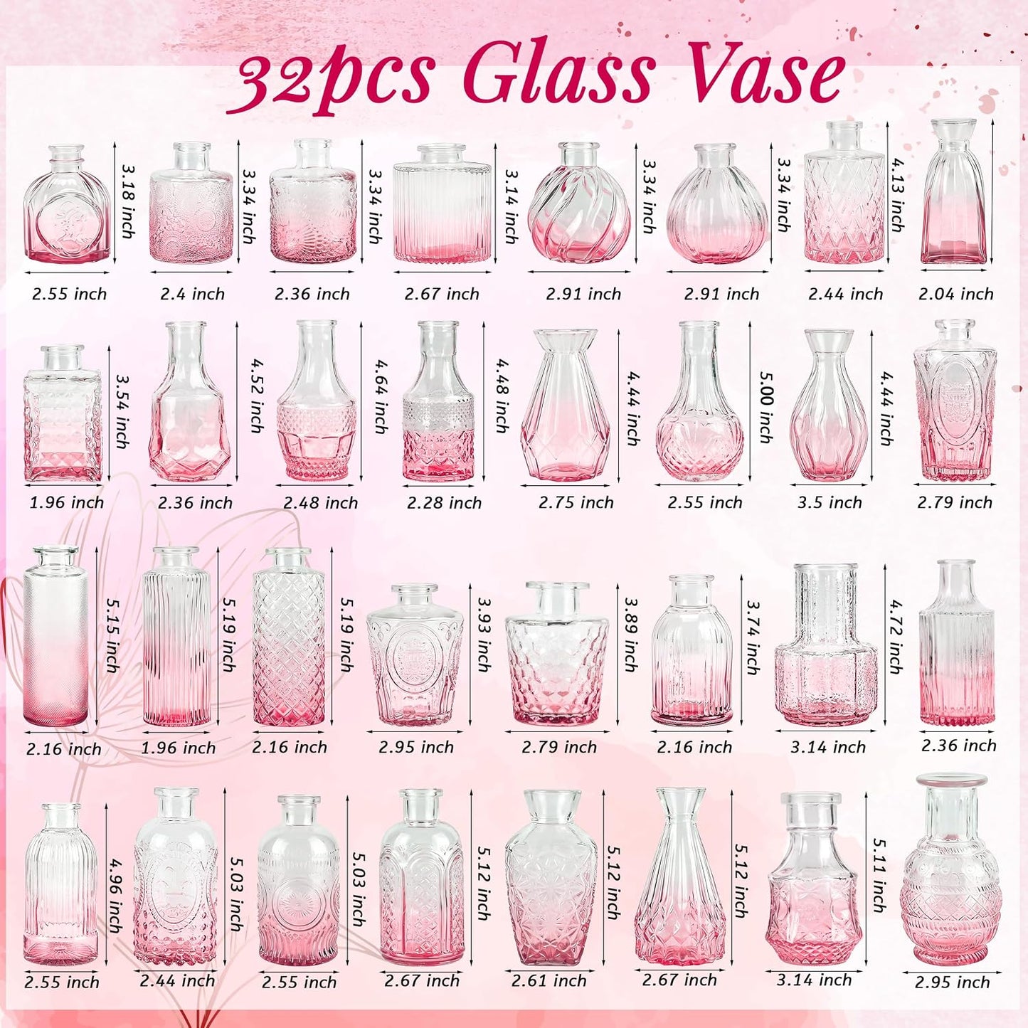 Glass Bud Vases Small Flower Vases for Rustic Wedding Centerpieces Table / Pink / Set of 32