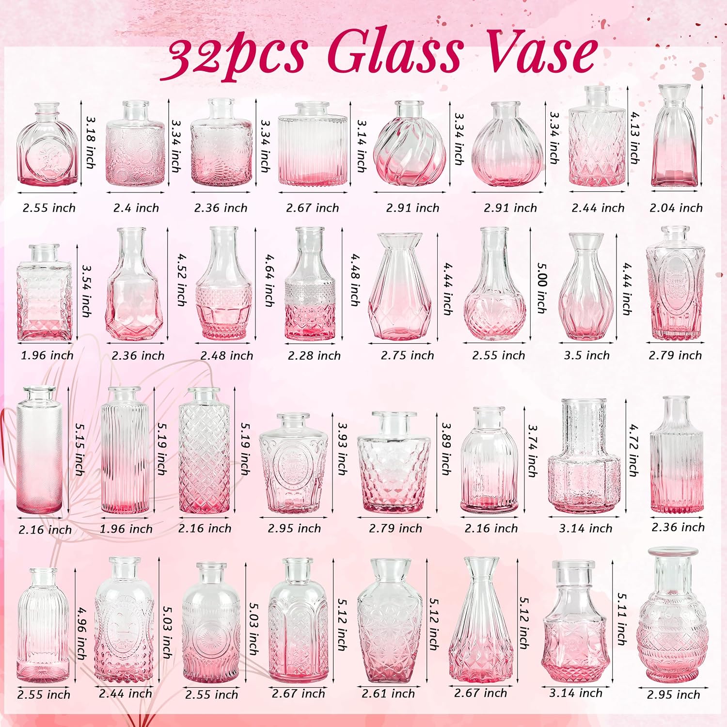 Glass Bud Vases Small Flower Vases for Rustic Wedding Centerpieces Table / Pink / Set of 32