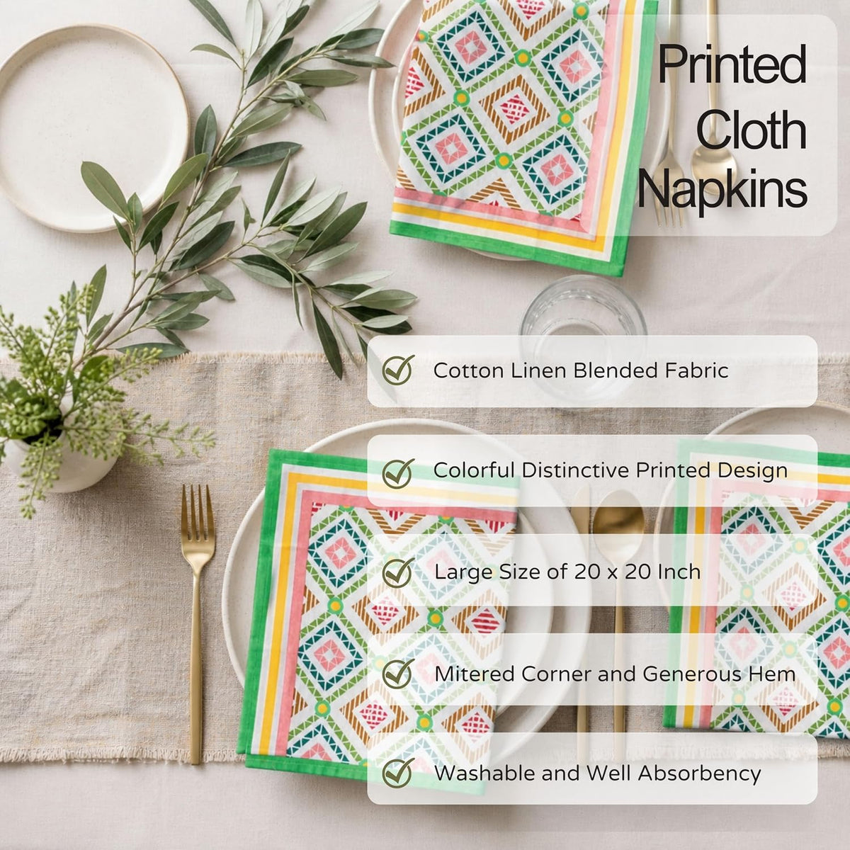 FINGERCRAFT Cloth Napkins Set of 12, 100% Cotton, 20x20 in, Diamond Mosaic | Mitered corner, washable, soft, absorbent