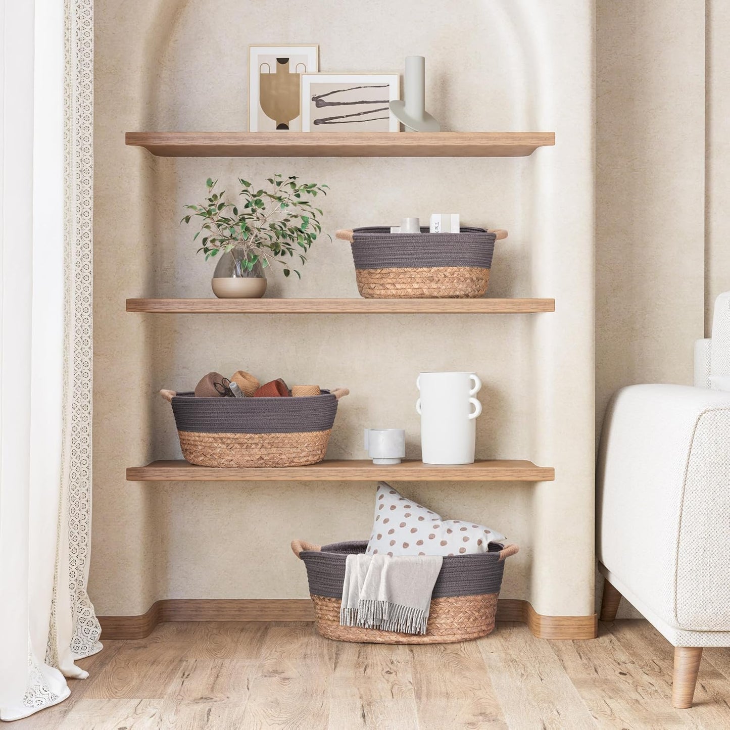 Natural Handwoven Portable Laundry Bin Basket / Gray / 3 Piece Set