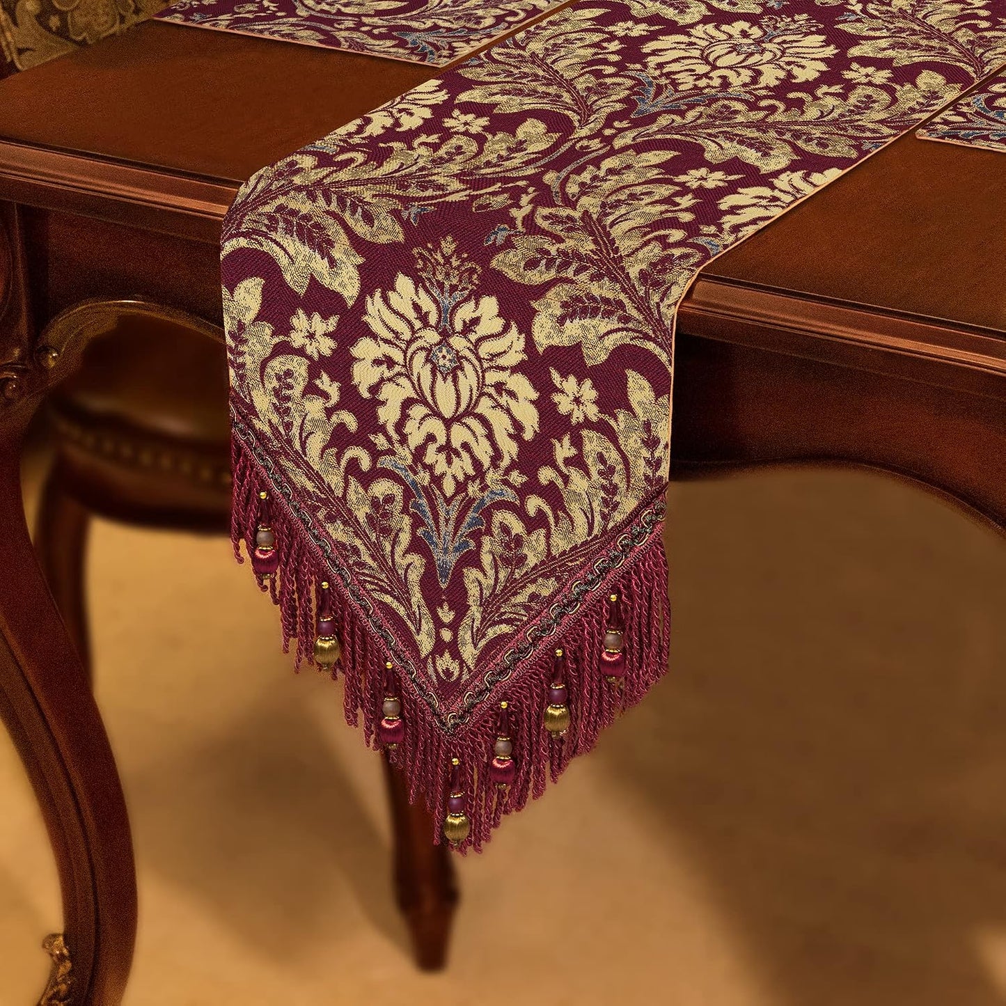 Loom and Mill Luxury Jacquard Damask Table Runner 13x72 inch, Burgundy Red | Thick Fabric Floral Dining Table Runners