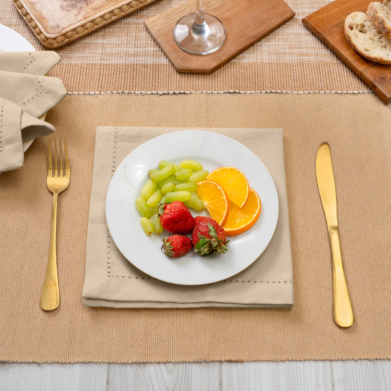 Blue Needles Set of 12 Hemstitch Linen Napkins 100% Cotton Beige Cloth Dinner Napkins 18x18 inches - Spring Summer
