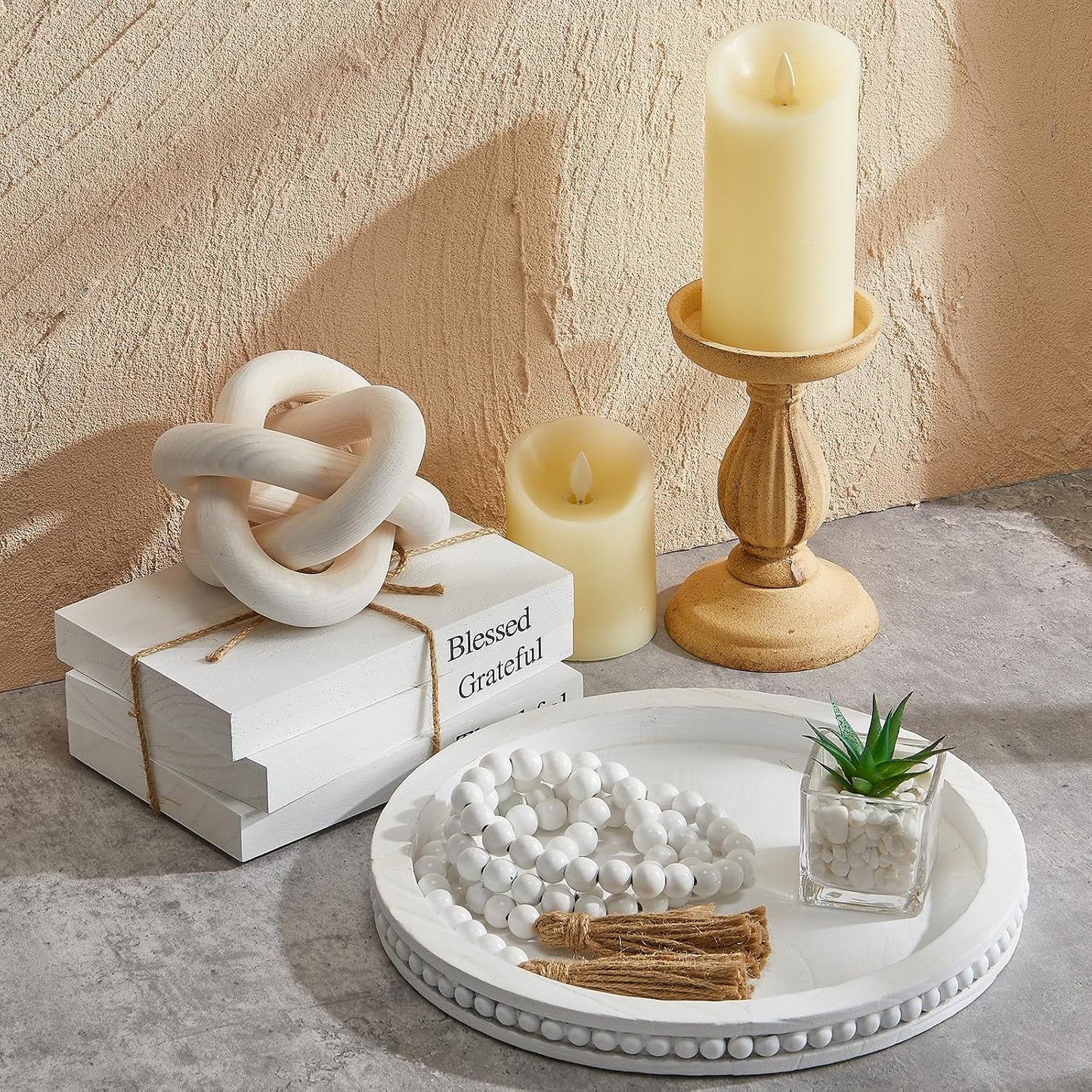 Rustic Wooden Coffee Table Tray Decoration Set / White / Thankful / Set of 6