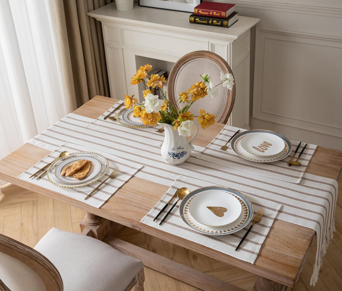 Caflife Boho Farmhouse Placemats Set of 6, Taupe Stripes Cotton Linen Woven Table Mats for Modern Dining Table, 13x19