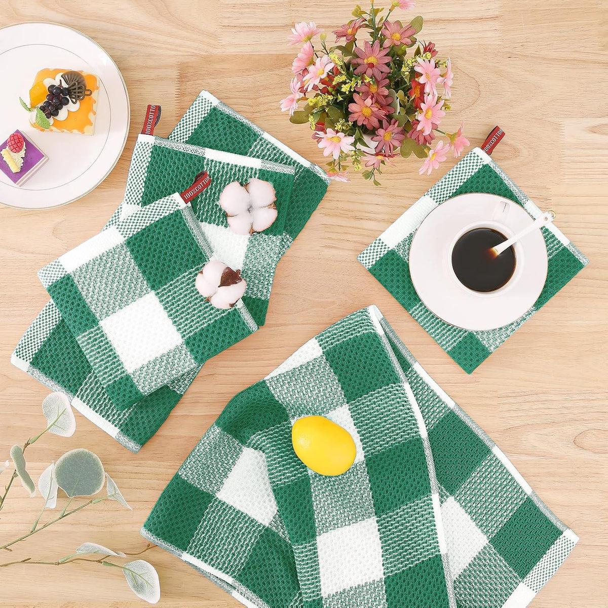 Homaxy Kitchen Towels and Dishcloths Set, Set of 12, White & Dark Green | Bulk Cotton Waffle Weave Check Plaid Kitchen