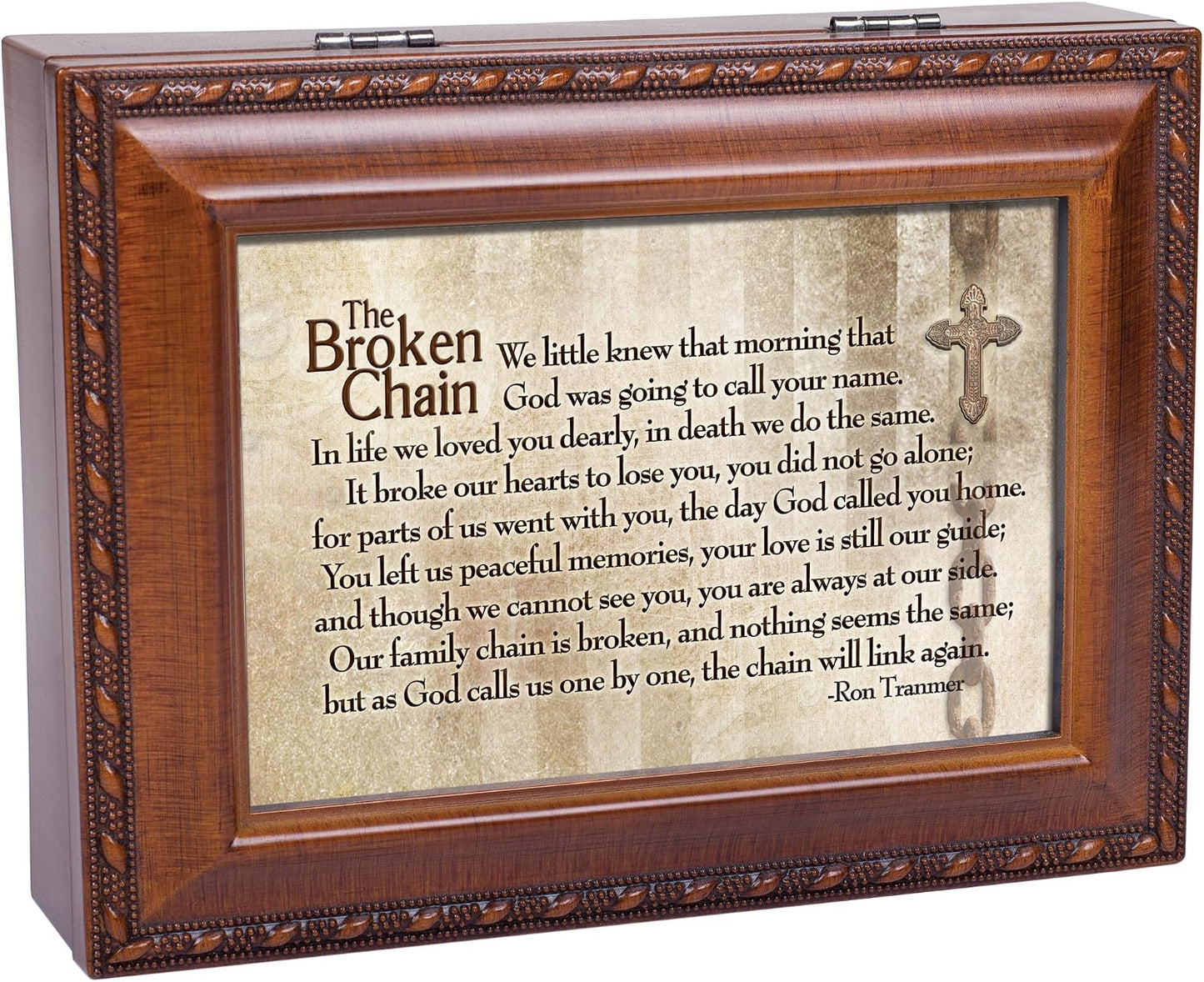 Broken Chain Will Link Again Woodgrain Rope Trim Music Box Plays How Great Thou Art