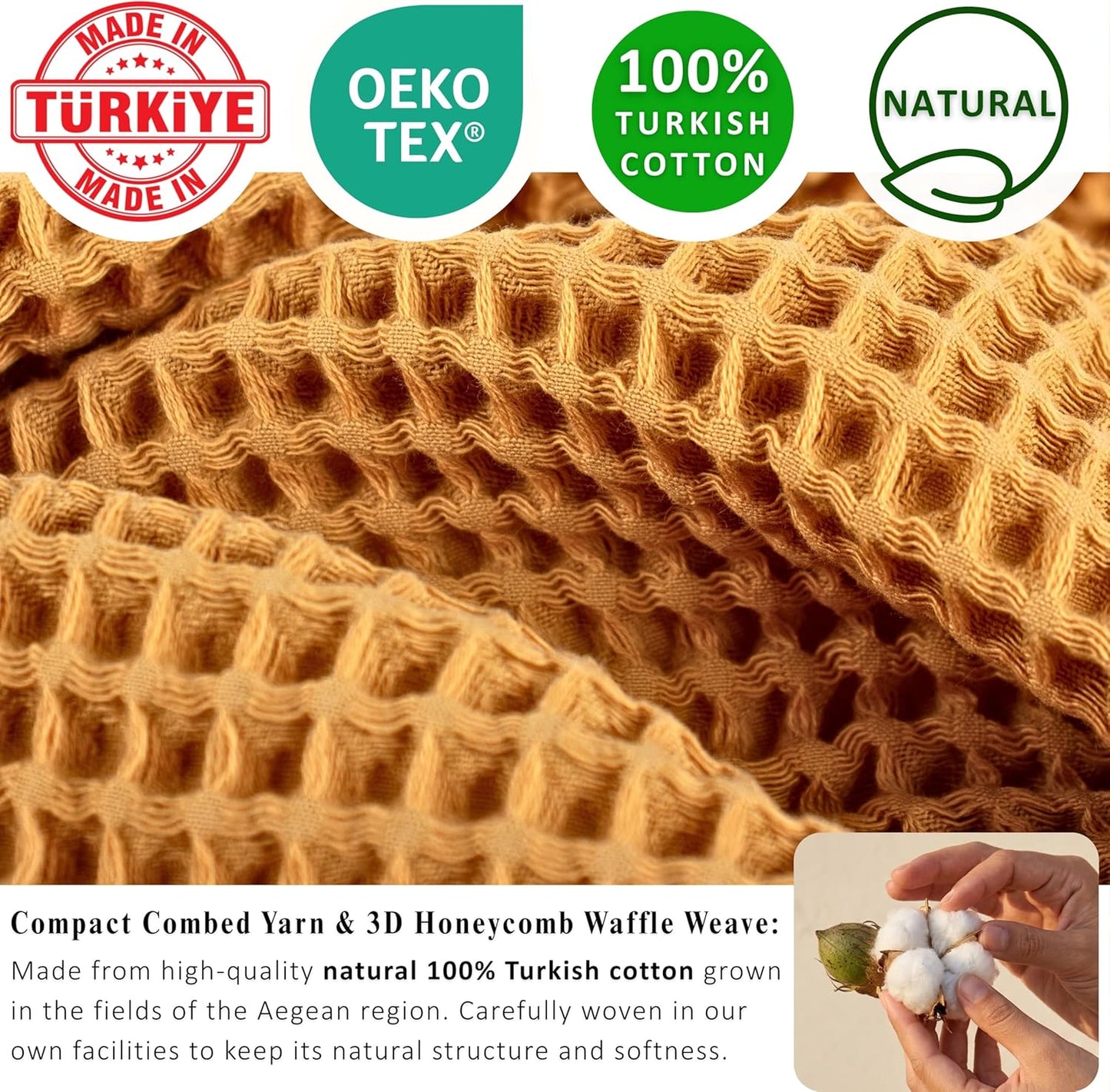 PÜSKÜL Natural 100% Turkish Cotton Waffle Bath Towels Set of 2, Extra-Large | Mustard, Oversize 32x63" Bath sheet towel