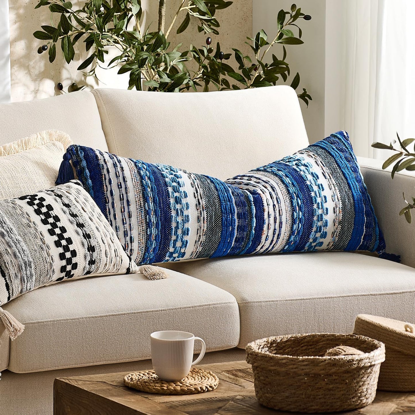 Kevin Textile Long Lumbar Pillow Cover Boho Decorative Rectangle Cushion Case Throw / 36 x 14 / Blue